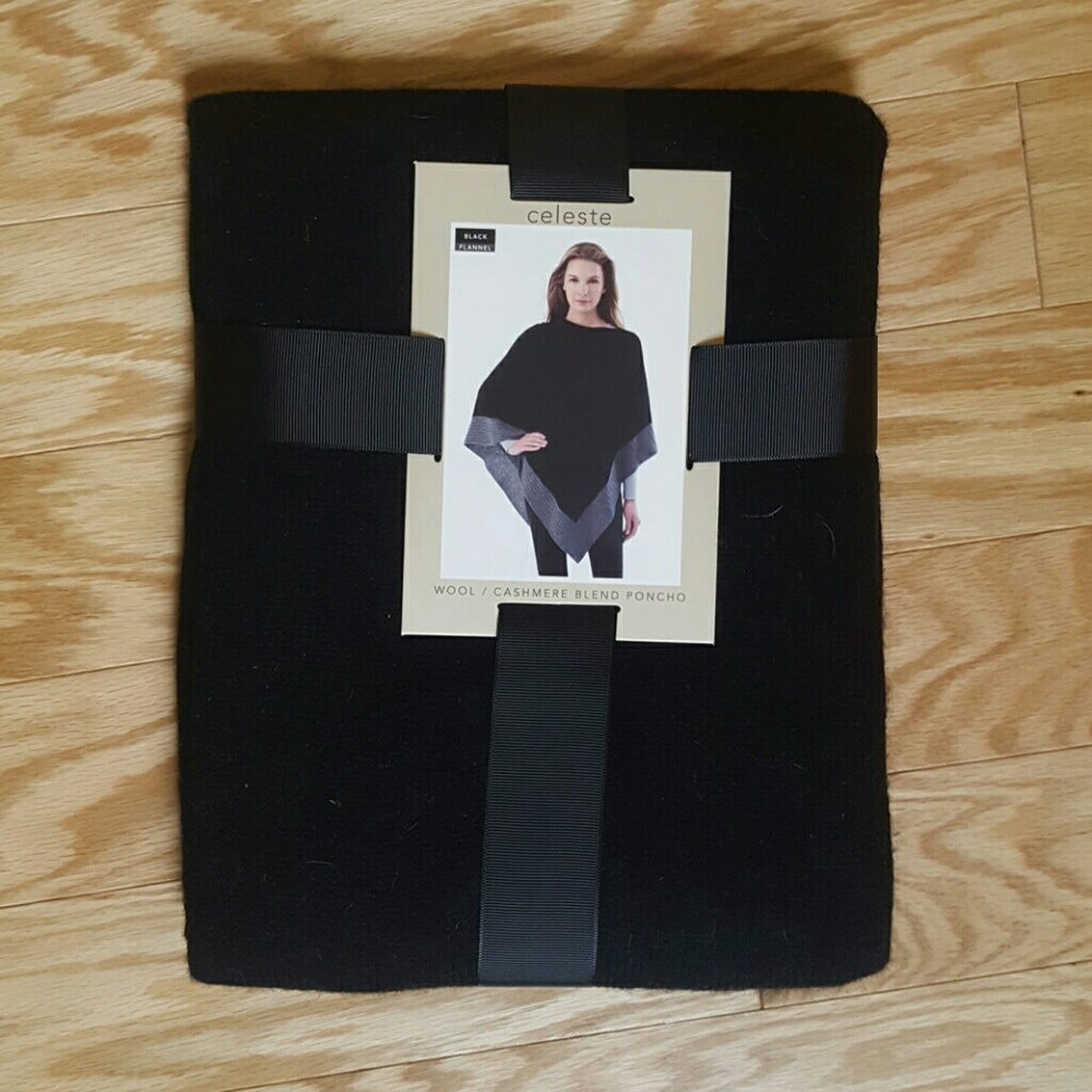Wool/cashmere blend black gray poncho